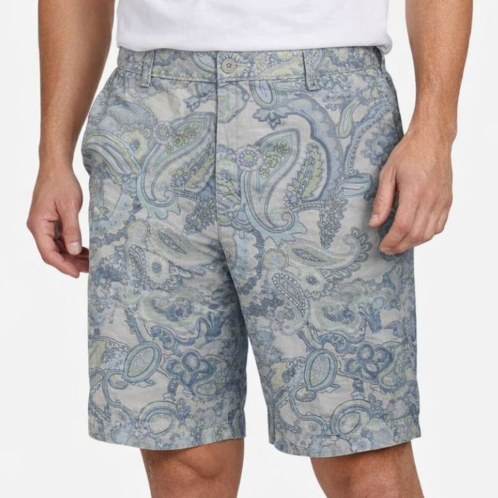 Paisley Shorts 38W Blue Teal Flat Front Cotton NWT 10” Inseam